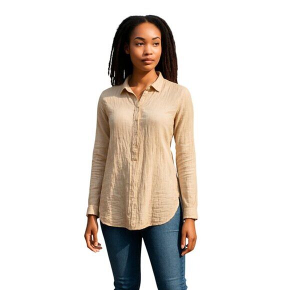 LOFT The Softened Shirt X-Small Crinkled Cotton Semi Sheer Pink White Stripes - Picture 1 of 13